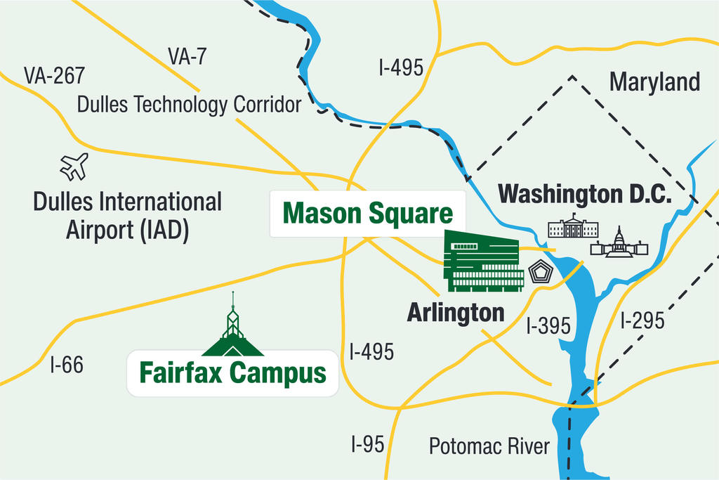 Map graphic featuring Fairfax Campus and Mason square
